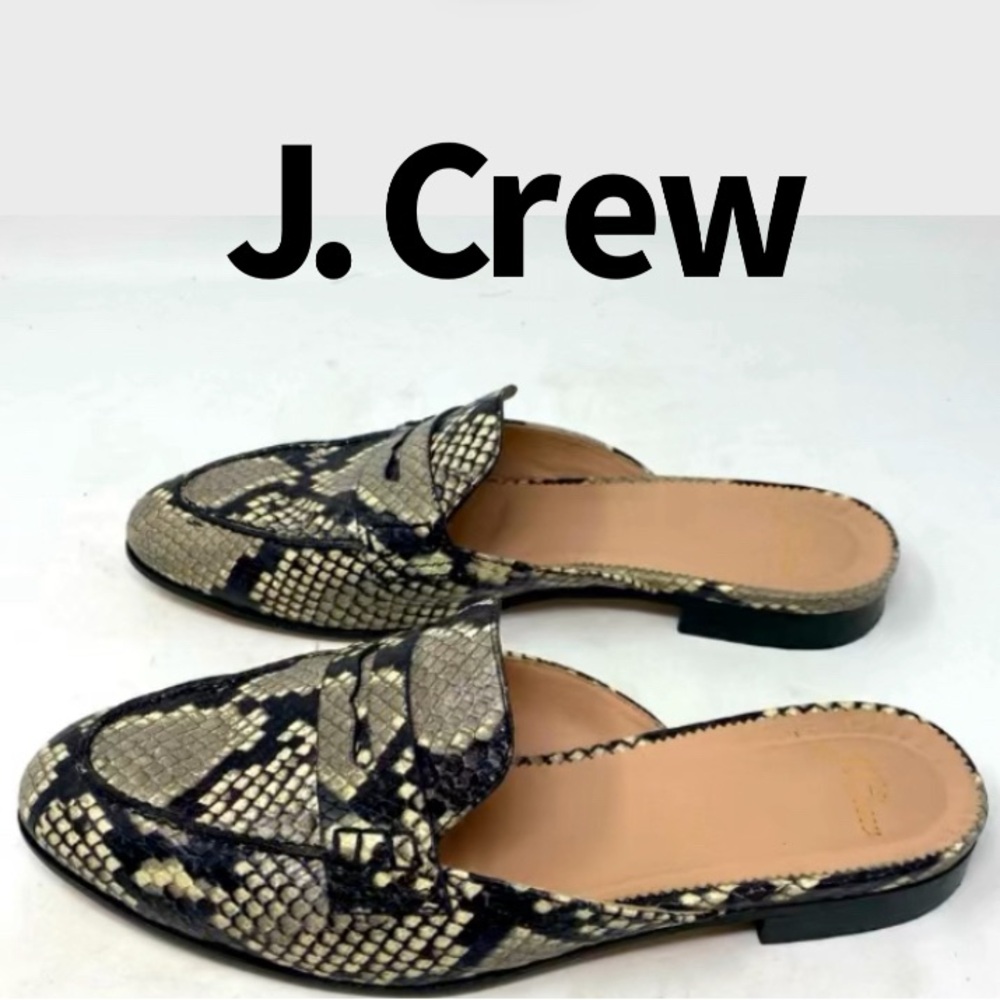 J CREW Size 8 Academy Penny Loafer Mules in Snake-Embossed Leather Shoe